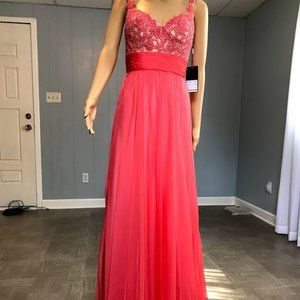 La Femme Hot Coral Beaded Lace Chiffon Prom Formal Dress New w/tags Size 2
